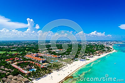 Cancun aerial view of the beautiful white sand beaches and blue turquoise water of the Caribbean ocean Stock Photo