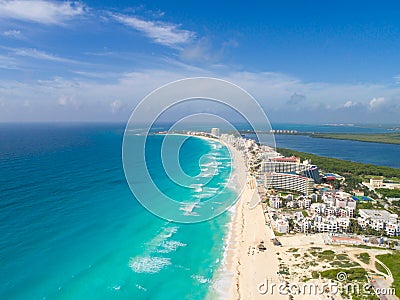 Cancun beach aerial panoramic drone shot Stock Photo