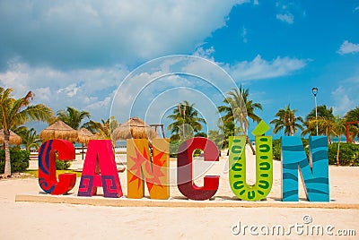 Cancun, Mexico, inscription in front of the Playa Delfines beach. Huge letters of the city name. Stock Photo