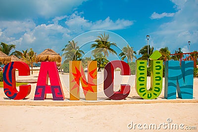 Cancun, Mexico, inscription in front of the Playa Delfines beach. Huge letters of the city name. Stock Photo