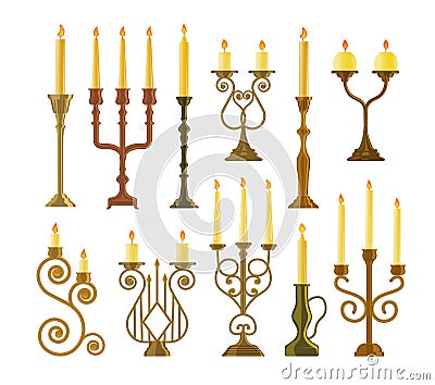 Candelabrum or candlestick with burning candle set Cartoon Illustration