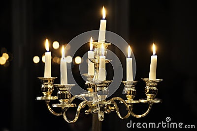 Candlestick with White Burning Candles, Candelabrum Stock Photo