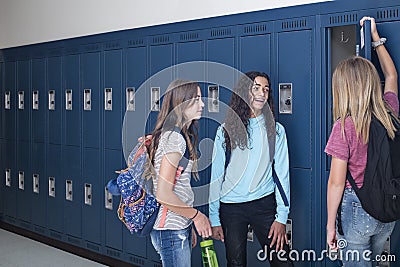 Junior High school Students talking and standing by their locker in a school hallway Stock Photo