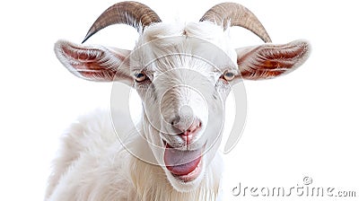 quirky white goat showing tongue in close-up portrait on white Stock Photo