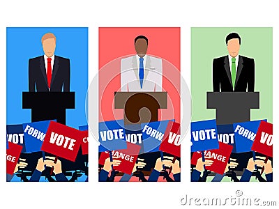 Candidate of party involved in debate. Presidential candidate. Election campaign. Speech from the rostrum. Vector Illustration