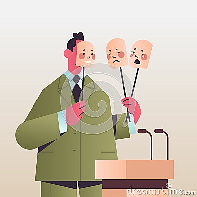 Candidate politician covering face under masks with different emotions fake feeling election day Vector Illustration