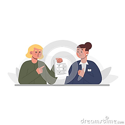 Candidate for vacancy is tested. Female character shows her survey results to recruiter Vector Illustration