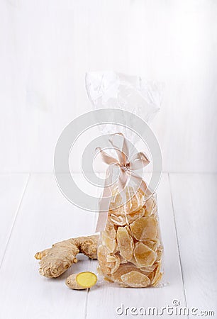Candied ginger in a plastic bag Stock Photo