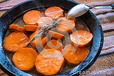 Candied Yams cooked for Thanksgiving at home Stock Photo