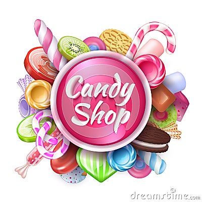 Candies background. Realistic sweets and desserts frame with text, colorful toffees lollipops and caramel bonbon. Vector Vector Illustration