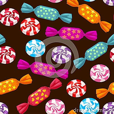 Candies in colorful wrappers on a dark background. Seamless pattern with sweets. Vector Illustration