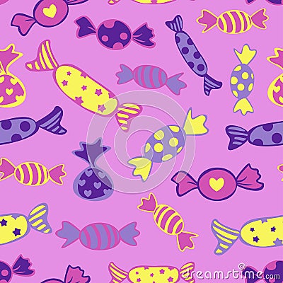 Vector seamless pattern of different candies in bright colors on a vivid purple background. Vector Illustration