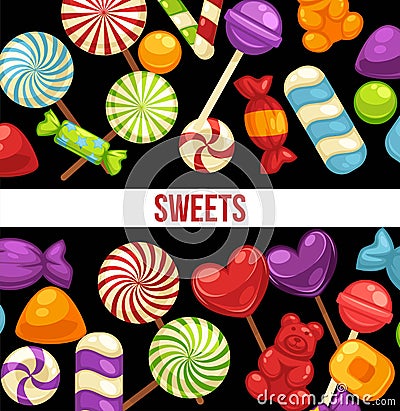 Candies and sweets poster of confectionery caramel hard candy and chocolate comfi Vector Illustration