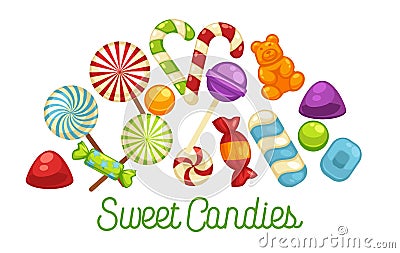 Candies and sweets poster of confectionery caramel hard candy and chocolate comfi Vector Illustration