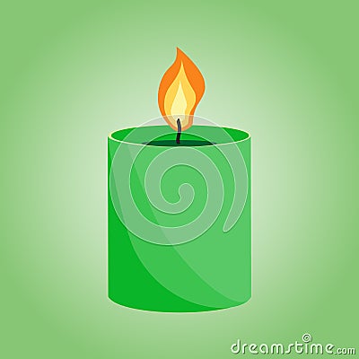 Burning decorative green wax candles isolated clipart on green background. Vector Illustration