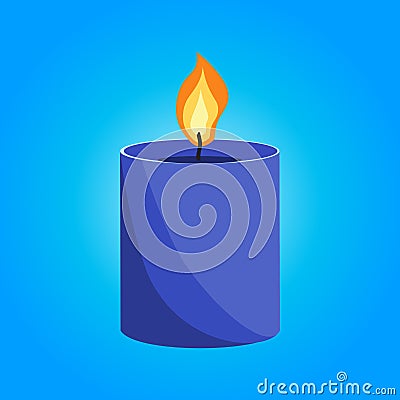 Burning decorative blue wax candles isolated clipart on blue background. Vector Illustration