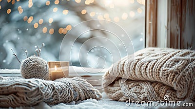 A candle and a blanket on the window sill in front of snow, AI Stock Photo