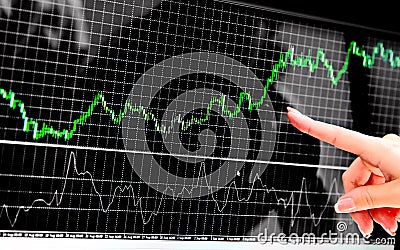 Candle charts and trading explanation with finger show Stock Photo