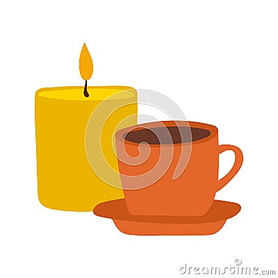 Candle with cup of hot drink tea coffee illustration. Thanksgiving autumnal decorative element Vector Illustration