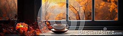 Cup of cappucino resting on window sill with a fall mountain country veiw banner - generative AI Stock Photo
