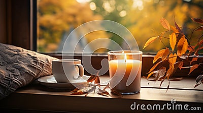 Candle and mug resting on window sill with a fall mountain country veiw - generative AI Stock Photo