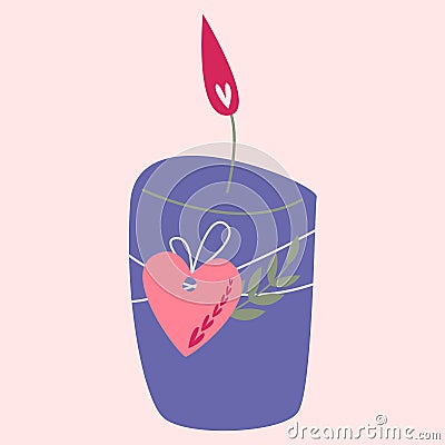 A candle with a decor from the heart of a twig. Vector Illustration