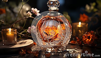 Candle decoration, flame on table, bottle, wood, vase, fire, glass generated by AI Stock Photo