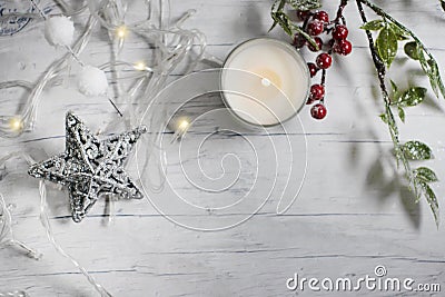 Candle, festive garland burning magic snow interior decoration christmas background flame Stock Photo
