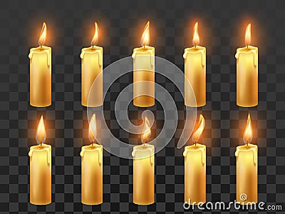 Candle fire animation. Burning orange wax candles, candlelight flame and animated fire flames isolated realistic vector Vector Illustration