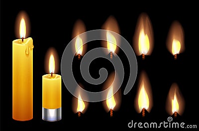 Candle flame. Burning wax candles lights and flames. Fire candlelight isolated on black background. Vector warm lighting Vector Illustration