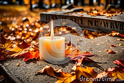 Candle flame on a gravestone covered with brittle autumn leaves. November 1st is All Saints Day Stock Photo