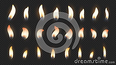 Candle flame. Realistic fire light effects for birthday cake burning candle. Vector candlelight set isolated on Vector Illustration