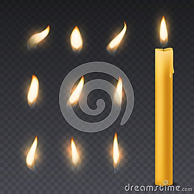 Candle flame. Romantic holiday wax burning candles light close up warm fire wick spa christmas dinner decoration Vector Illustration