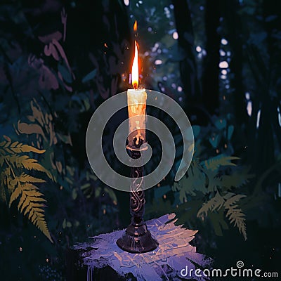 Candle flickers amidst mystical forest, evoking occult enchantment Stock Photo