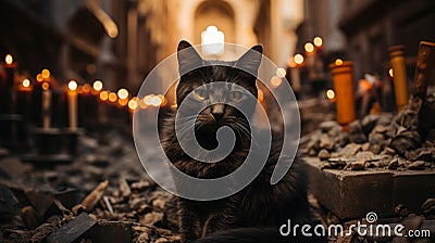 A cat sitting on rocks and candle flickers in church Stock Photo