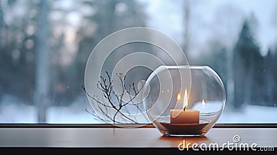 Candle in a glass candleholder on a windowsill, with snowy landscape seen through the window. Generative AI Stock Photo