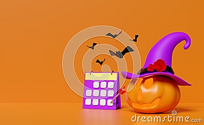 Candle light in pumpkin, 3d halloween pumpkin holiday party with arrow, calendar, marked date, bat, purple witch pointed hat Cartoon Illustration