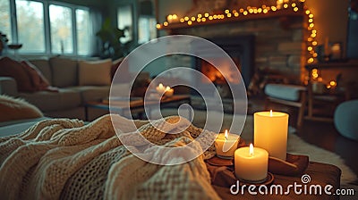 Candle-lit living room, soft textiles, fostering comfort, connection, and relaxation Stock Photo