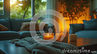 Candle-lit living room, soft textiles, fostering comfort, connection, and relaxation Stock Photo