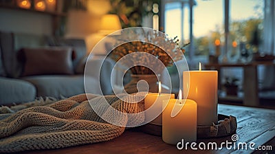 Candle-lit living room, soft textiles, fostering comfort, connection, and relaxation Stock Photo