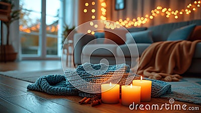 Candle-lit living room, soft textiles, fostering comfort, connection, and relaxation Stock Photo