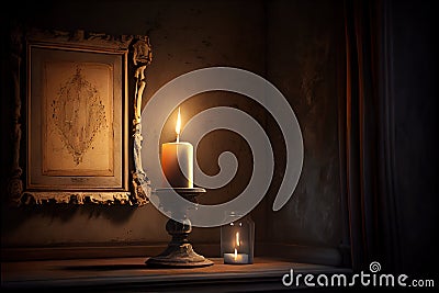 a candle is lit on a table next to a glass of water and a framed picture of a heart Stock Photo