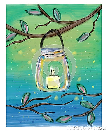 Candle in the mason jar watercolor doodle Vector Illustration