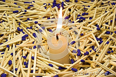 Candle, Matches with blue heads Stock Photo