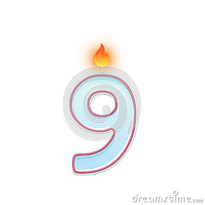 Candle number nine. 9 symbol. Burning candle. Cartoon realistic vector candle number for Birthday cakes Vector Illustration