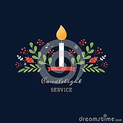 Candle and Ornaments Christmas Eve Candlelight Service Invitation. Vector Design Vector Illustration