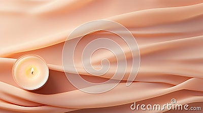 A candle on a peach fuzz cloth with some light shining through it, AI Stock Photo