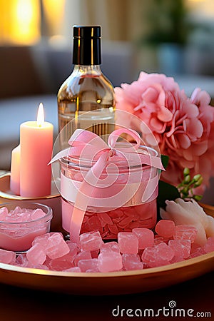 Candle and Pink Sugar Cubes Spa Setup Stock Photo
