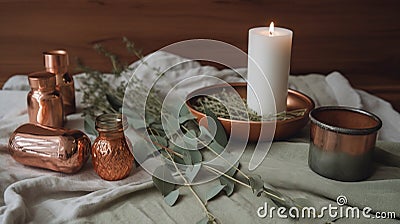 a candle and some copper containers on a table with a white cloth and a green leafy branch in the middle of the table, and a few Stock Photo