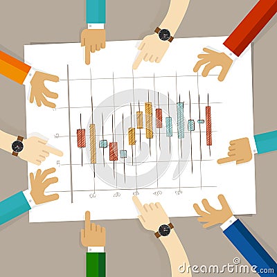 Candle stick chart hand drawing sketch analysis. team member together working discuss in a meeting hands pointing to Vector Illustration